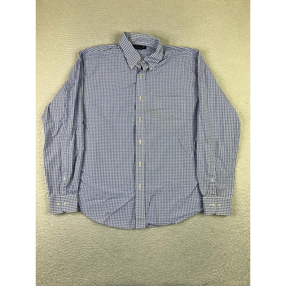 Lands End Shirt Mens Medium Blue White Check Button Down Long Sleeve 100% Cotton